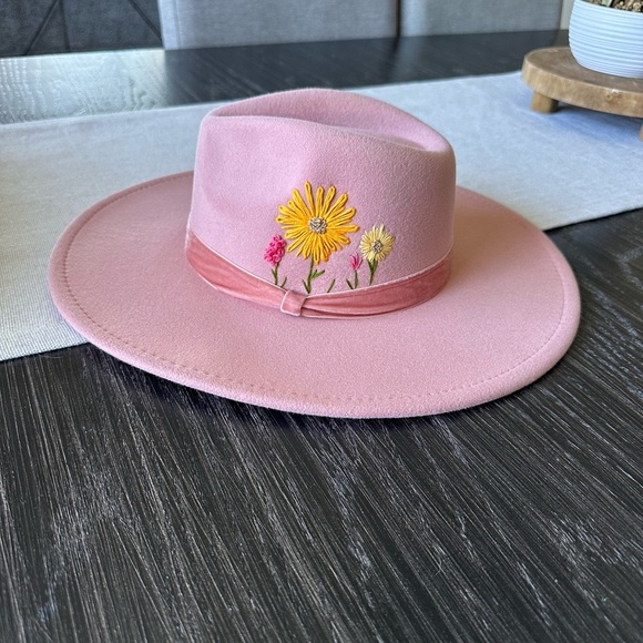 New Felt Hand-Embroidered Pink Floral Fedora, Adjustable! - Picture 2 of 6